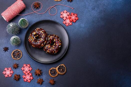 concepto de pasteles. donuts con glaseado de chocolate con chispas, sobre una mesa de hormigón oscuro foto