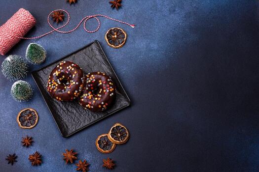 concepto de pasteles. donuts con glaseado de chocolate con chispas, sobre una mesa de hormigón oscuro foto