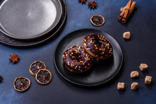 concepto de pasteles. donuts con glaseado de chocolate con chispas, sobre una mesa de hormigón oscuro foto
