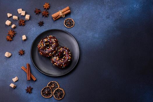 concepto de pasteles. donuts con glaseado de chocolate con chispas, sobre una mesa de hormigón oscuro foto