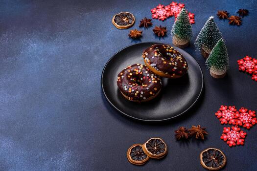 concepto de pasteles. donuts con glaseado de chocolate con chispas, sobre una mesa de hormigón oscuro foto