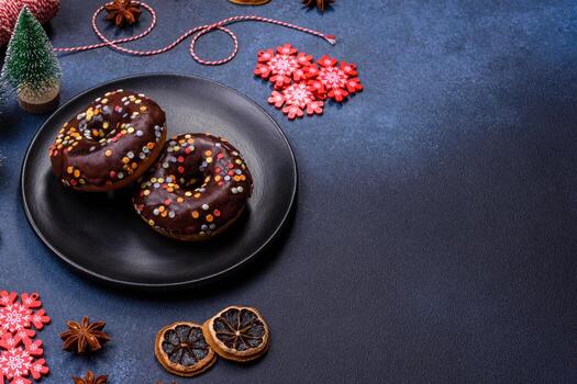 concepto de pasteles. donuts con glaseado de chocolate con chispas, sobre una mesa de hormigón oscuro foto