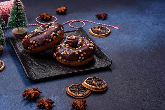 concepto de pasteles. donuts con glaseado de chocolate con chispas, sobre una mesa de hormigón oscuro foto
