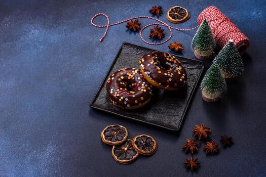 concepto de pasteles. donuts con glaseado de chocolate con chispas, sobre una mesa de hormigón oscuro foto
