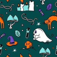 Seamless pattern with Halloween elements Doodle style vector design illustration on dark green background