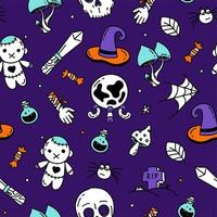 Seamless pattern with Halloween elements Doodle style vector design illustration on purple background