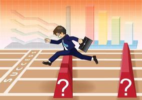 Businessman run and jump over obstacles to success line vector