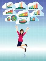 Businesswoman jumping with business graphs cloud set vector
