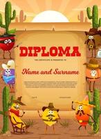 Kids diploma. Wild West fruit cowboy and sheriffs vector