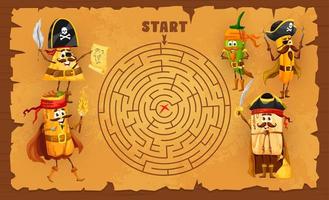 Round labyrinth maze, cartoon mexican food pirate vector