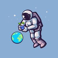 astronauta sosteniendo la planta en el espacio guardar el diseño de ilustración de la tierra sobre fondo azul vector