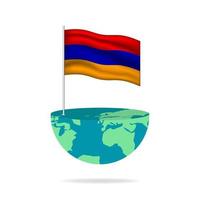 Armenia flag pole on globe. Flag waving around the world. Easy editing and vector in groups. National flag vector illustration on white background.