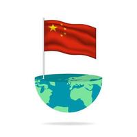 China flag pole on globe. Flag waving around the world. Easy editing and vector in groups. National flag vector illustration on white background.