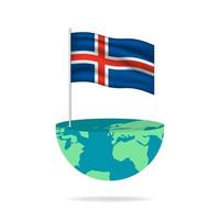 Iceland flag pole on globe. Flag waving around the world. Easy editing and vector in groups. National flag vector illustration on white background.