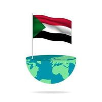 Sudan flag pole on globe. Flag waving around the world. Easy editing and vector in groups. National flag vector illustration on white background.