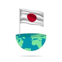 Japan flag pole on globe. Flag waving around the world. Easy editing and vector in groups. National flag vector illustration on white background.