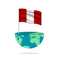 Peru flag pole on globe. Flag waving around the world. Easy editing and vector in groups. National flag vector illustration on white background.