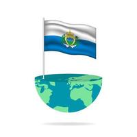 San Marino flag pole on globe. Flag waving around the world. Easy editing and vector in groups. National flag vector illustration on white background.