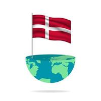 Denmark flag pole on globe. Flag waving around the world. Easy editing and vector in groups. National flag vector illustration on white background.