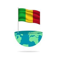 Mali flag pole on globe. Flag waving around the world. Easy editing and vector in groups. National flag vector illustration on white background.