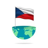 Czechia flag pole on globe. Flag waving around the world. Easy editing and vector in groups. National flag vector illustration on white background.