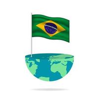 Brazil flag pole on globe. Flag waving around the world. Easy editing and vector in groups. National flag vector illustration on white background.