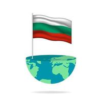 Bulgaria flag pole on globe. Flag waving around the world. Easy editing and vector in groups. National flag vector illustration on white background.