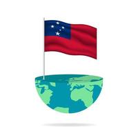 Samoa flag pole on globe. Flag waving around the world. Easy editing and vector in groups. National flag vector illustration on white background.