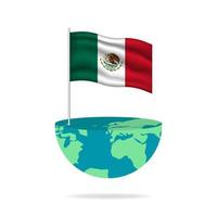 Mexico flag pole on globe. Flag waving around the world. Easy editing and vector in groups. National flag vector illustration on white background.