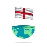 England flag pole on globe. Flag waving around the world. Easy editing and vector in groups. National flag vector illustration on white background.