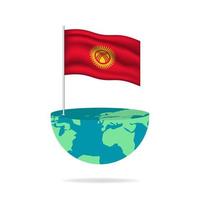 Kyrgyzstan flag pole on globe. Flag waving around the world. Easy editing and vector in groups. National flag vector illustration on white background.