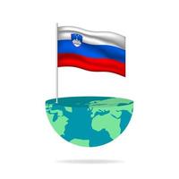 Slovenia flag pole on globe. Flag waving around the world. Easy editing and vector in groups. National flag vector illustration on white background.