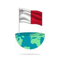 Malta flag pole on globe. Flag waving around the world. Easy editing and vector in groups. National flag vector illustration on white background.