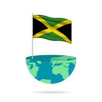 Jamaica flag pole on globe. Flag waving around the world. Easy editing and vector in groups. National flag vector illustration on white background.