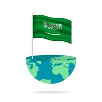 Saudi Arabia flag pole on globe. Flag waving around the world. Easy editing and vector in groups. National flag vector illustration on white background.