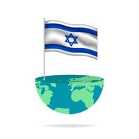 Israel flag pole on globe. Flag waving around the world. Easy editing and vector in groups. National flag vector illustration on white background.
