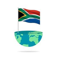 South Africa flag pole on globe. Flag waving around the world. Easy editing and vector in groups. National flag vector illustration on white background.