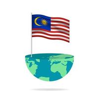 Malaysia flag pole on globe. Flag waving around the world. Easy editing and vector in groups. National flag vector illustration on white background.