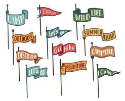 Camping pennant flags, isolated vector banners set