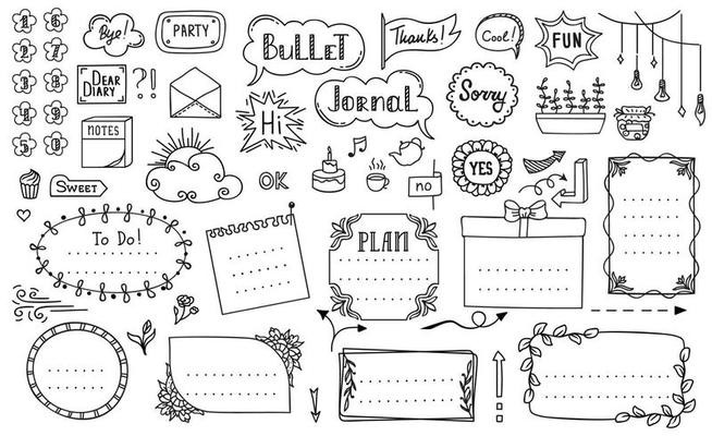 Doodle bullet journal, diary notebook frames