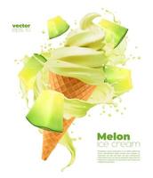 Isolated melon soft ice cream cone with splash vector