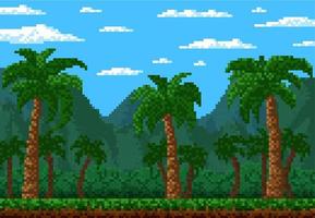 bosque de la selva, paisaje de nivel de juego de píxeles de 8 bits vector