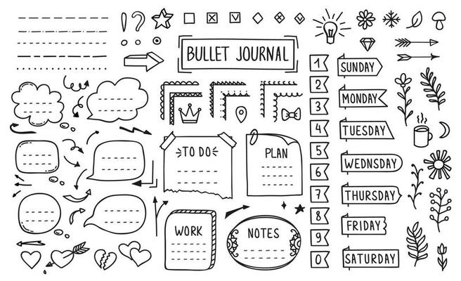 Bullet journal, doodle diary elements, stickers