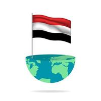 Yemen flag pole on globe. Flag waving around the world. Easy editing and vector in groups. National flag vector illustration on white background.