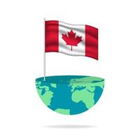 Canada flag pole on globe. Flag waving around the world. Easy editing and vector in groups. National flag vector illustration on white background.