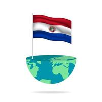 Paraguay flag pole on globe. Flag waving around the world. Easy editing and vector in groups. National flag vector illustration on white background.