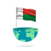 Madagascar flag pole on globe. Flag waving around the world. Easy editing and vector in groups. National flag vector illustration on white background.