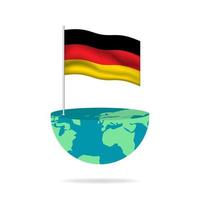 Germany flag pole on globe. Flag waving around the world. Easy editing and vector in groups. National flag vector illustration on white background.