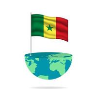 Senegal flag pole on globe. Flag waving around the world. Easy editing and vector in groups. National flag vector illustration on white background.