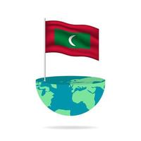 Maldives flag pole on globe. Flag waving around the world. Easy editing and vector in groups. National flag vector illustration on white background.